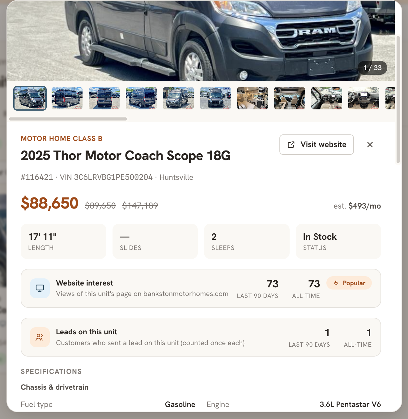 Inventory with views, leads, and price-drop alerts